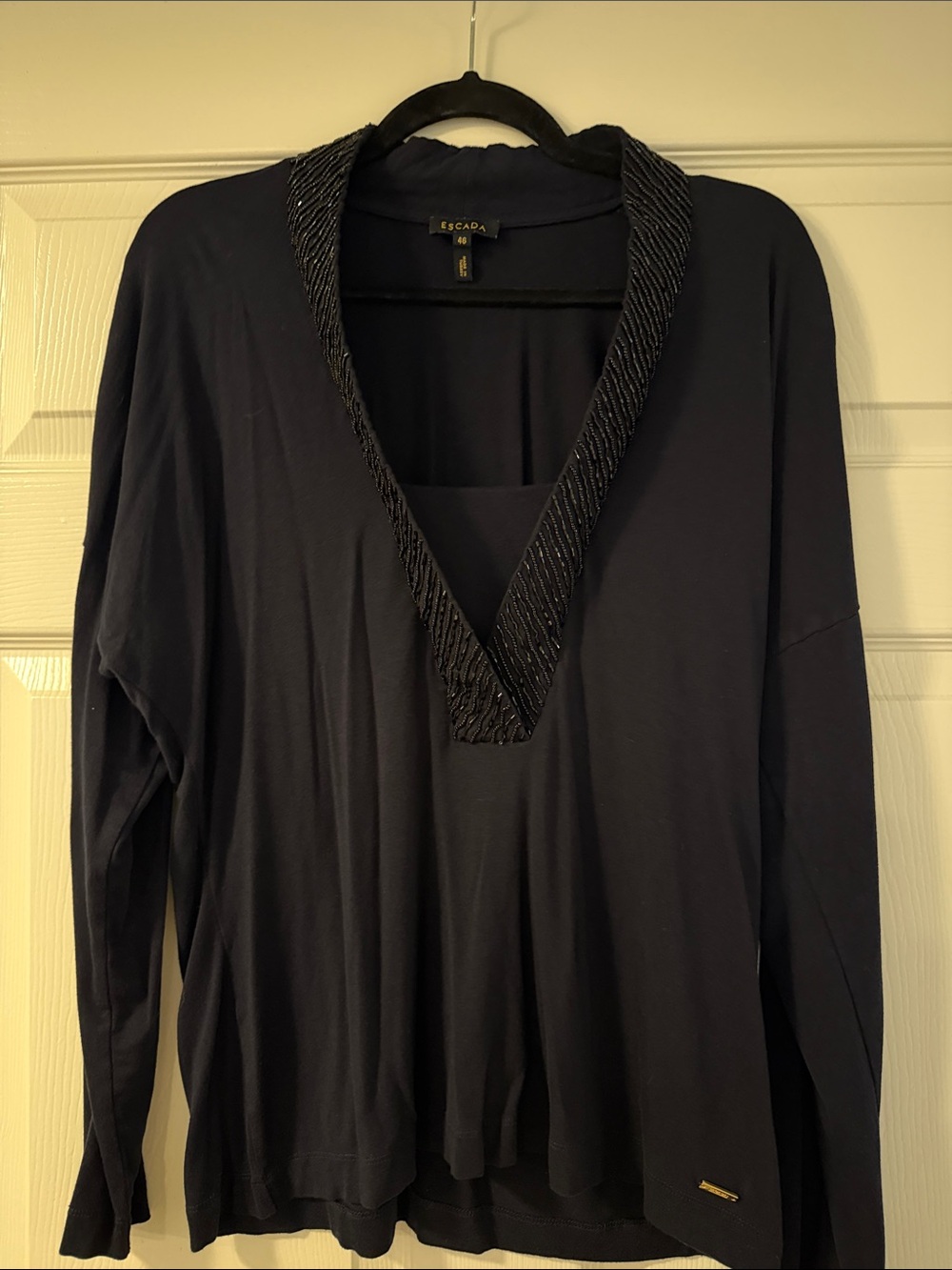 Escada Black Long-Sleeve V-Neck Top with Beaded Collar